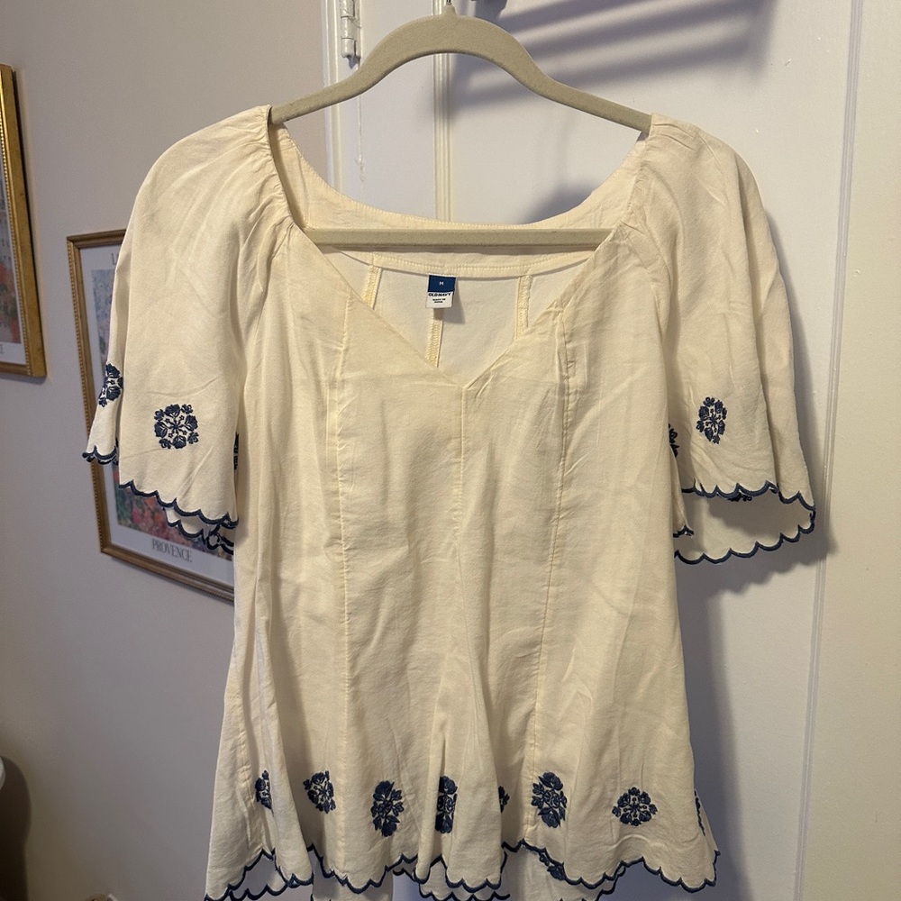 Cream and Navy Old Navy Embroidered Women's Top